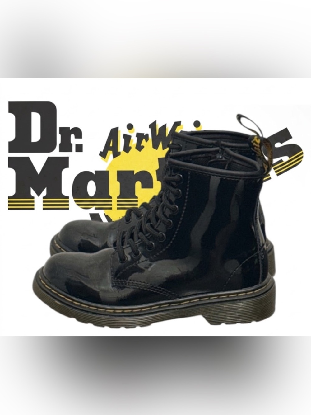 Authentic Dr. Martens kids designer black patent leather lace up boots sz 13